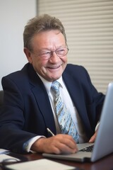 Sticker - a happy mature businessman working on his laptop in the office