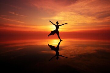 Poster - Silhouette of a dancing girl against the background of sunset.