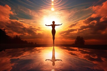 Poster - Silhouette of a dancing girl against the background of sunset.