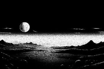 Poster - Alien planet landscape in retro dotwork style. Planets and satellites over unknown planet in space. Sci-fi world landscape beyond our galaxy.