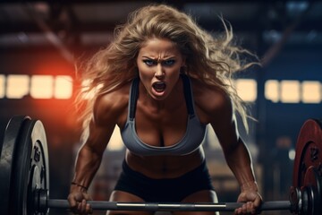 Poster - Muscular girl in the gym with a barbell screaming from tension.