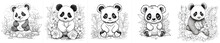 Set Of Panda Illustrations For Kids Coloring Book. Coloring Page Collection With Black And White Panda Bear Illustrations For Children Coloring Book, Flat Design