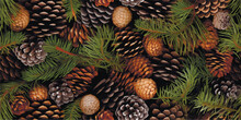Vector Seamless Background With Fir Tree Branches And Cones.