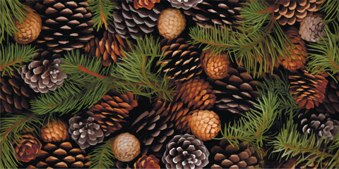 Vector seamless background with fir tree branches and cones.