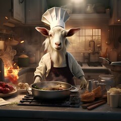 Wall Mural - Goat wearing a chef's suit cooking in the kitchen