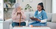 © Nina L/peopleimages.com - Clipboard, senior woman and nurse talking, ask question or writing client info, medical summary or healthcare survey. Checklist, home and retirement caregiver speaking to elderly patient about pills