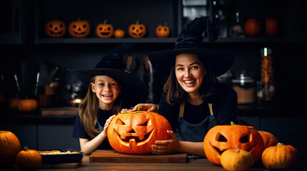 Poster - family preparing for Halloween