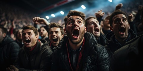 Soccer fans cheering for favourite team with bright emotions. Generative AI