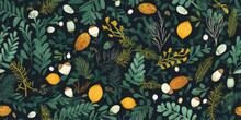 Seamless Pattern. Hand Drawn Vector Illustrations - Forest Autumn Collection. Spruce Branches, Acorns, Pine Cones, Fall Leaves. Design Elements For Invitations, Greeting Cards, Quotes, Prints, Fabric