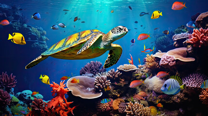 Wall Mural - Turtle with group of colorful fish and sea animals with colorful coral underwater in ocean. AI Generative