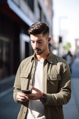 Sticker - shot of a handsome young man reading a text message while standing on the sidewalk