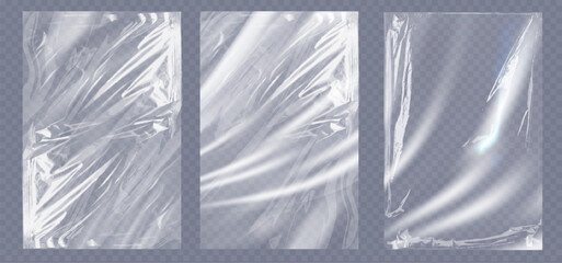 Collection transparant wrinkled plastic. Realistic mockup of clear polyethylene, crumpled elastic foil material isolated on transparent background. Vector illustration