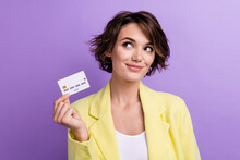 Photo Of Charming Young Woman Yellow Lime Suit Holding Template Debit Card Dreams Look Mockup Purchase Isolated On Purple Color Background