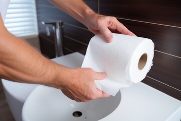 Poster - A man tears off toilet paper.