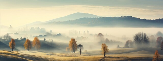 Wall Mural - View beauty autumn foggy, landscape background