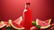 Electrolyte drink with cold-pressed fresh watermelon juice in a glass bottle against the background of a piece of ripe watermelon, minimalist still life.