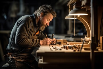 Poster - A carpenter carves wood with tools.