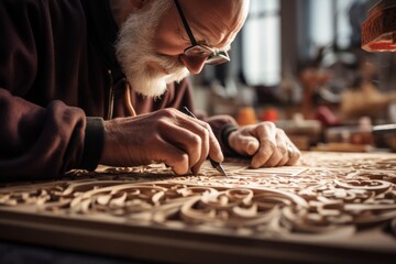 Poster - A carpenter carves wood with tools.