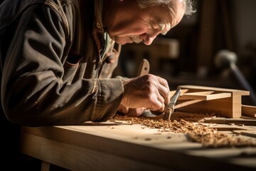 Poster - A carpenter carves wood with tools.