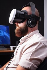 Canvas Print - closeup shot of a man wearing a vr headset sitting in front of his pc