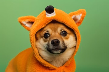 Canvas Print - Close-up portrait photography of a cute finnish spitz wearing a dinosaur costume against a tangerine orange background. With generative AI technology