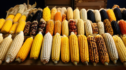 Colored corn cobs top view. Multicolored corn background.Variegated Corn cobs different colors. Cereals and grain culture. Organic farm bio vegetables. Autumn harvest