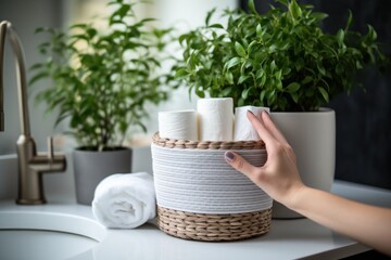 Poster - A woman's hand takes a white towel in the bathroom.