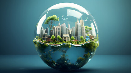 green planet and water save concept - green trees and water in glass ball with greenery around. Saving green environment and world environmental conservation concept