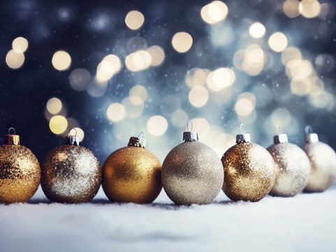 Wall Mural -  - Christmas baubles, ornament on snow and glittering bokeh