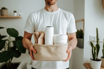Poster - Man holding toiletries.