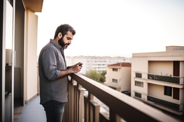 shot of a man using his smart phone while standing on the balcony of an apartment building