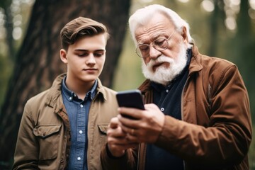 Poster - shot of a young man using his smartphone to share information with an elder