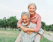 © Lumos sp - woman man outdoor senior couple happy lifestyle retirement together smiling love fun elderly active vitality nature mature portrait piggyback game