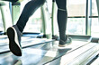 sport treadmill gym running shoe foot leg jogging closeup fitness woman athlete exercising equipment healthy training exercise motion active activity cardio run