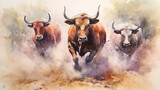 watercolor drawing of a group of bulls running on a white background.