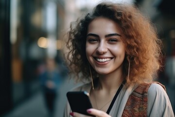 Wall Mural - woman, phone and happy portrait with smile for social media use or texting