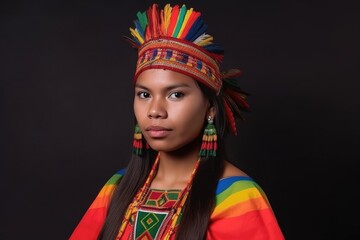 studio portrait of an attractive young indigenous woman wearing a colorful headdress