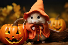 Cute Mouse With Orange Coat And Carved Pumpkin, Ai Generated