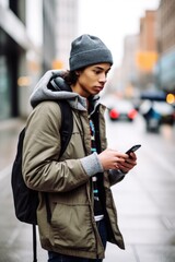 Canvas Print - shot of a young man using his cellphone while skating through the city