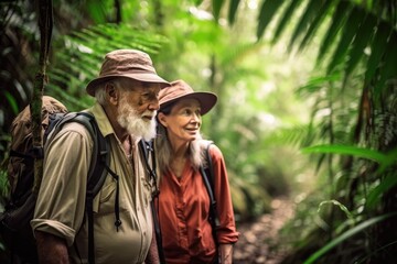 Canvas Print - hiking, nature and senior couple hiking in a rainforest for adventure, bonding and exercise