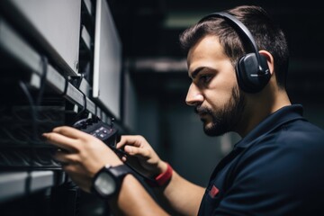 Wall Mural - closeup shot of a man using a wireless headset and hand controllers in a data center