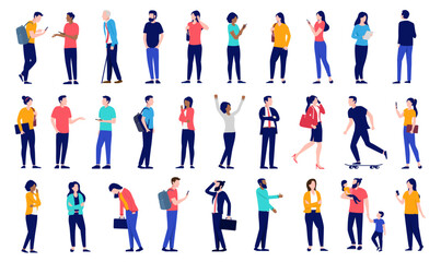 Various people vector bundle - Collection of casual diverse characters, men and women standing doing different poses and activities. Flat design on white background