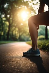 Sticker - fitness, yoga and woman stretching leg in outdoor park for health, wellness and exercise routine