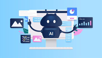 Fototapete - Ai computer helper - Artificial intelligence robot character working on various abstract tasks and software. Vector illustration with blue background