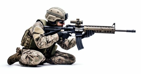Wall Mural - Military Soldier Aiming Rifle Isolated on White. Generative ai