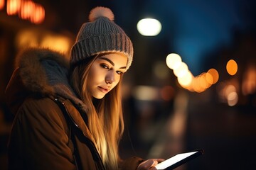 Canvas Print - shot of a young woman using her digital tablet in the evening