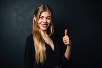 Wall Mural - portrait of an attractive young woman showing thumbs up and posing in front of a chalkboard