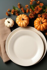 Wall Mural - Halloween and Thanksgiving day dinner decorated pumpkins, flowers, white plate. Vertical format. Generative AI.