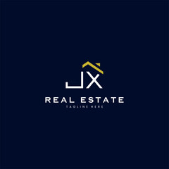 modern JX letter real estate logo in linear style with simple roof building in blue