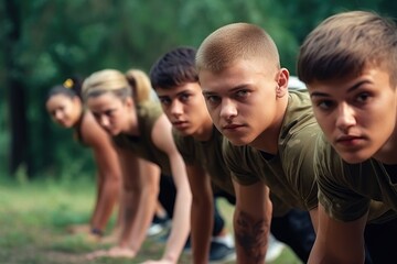 Canvas Print - shot of a group of young people doing pushups together at boot camp